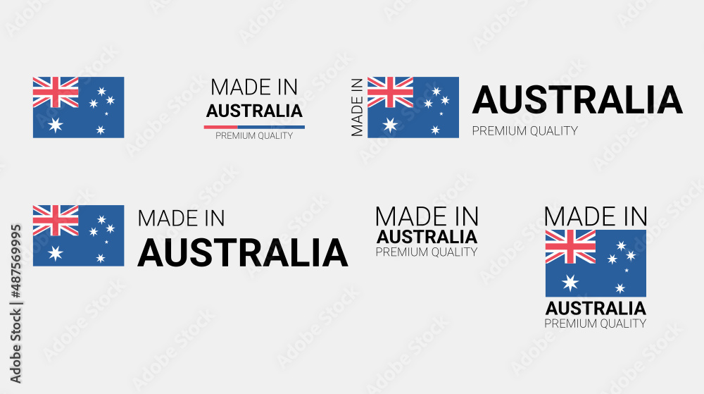 Vector set of made in Australia labels, made in the Australia logo, Australia flag, product emblem, made in Australia badges, premium quality, patriot proud label stamp, vector illustration, Rectangle