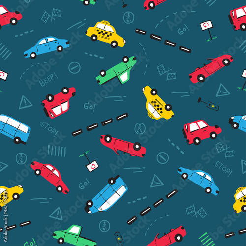 Various cars type and traffic signs Cartoon vector seamless pattern