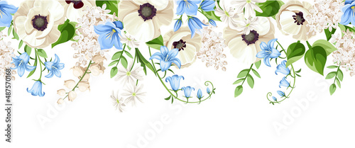 Obraz na plátně Horizontal seamless border with hanging flowers (white poppy and lily of the valley flowers and blue harebell flowers)