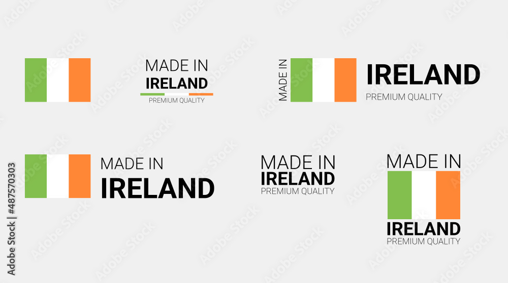 Vector set of made in Ireland labels, made in the Ireland logo, Ireland flag, product emblem, made in Ireland badges, premium quality, patriot proud label stamp, vector illustration, Rectangle
