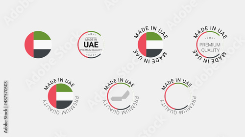 Vector set of made in UAE labels, made in the UAE logo, UAE flag, product emblem, made in UAE badges, premium quality, patriot proud label stamp, vector illustration, Сircle