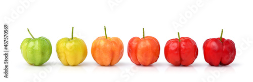 Different aging of acerola cherry isolated on white background.