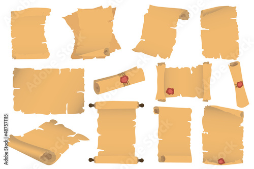 Papyrus and parchment different shapes set isolated elements. Bundle of antique paper, ripped pages and old scroll sheets with ribbon and red wax seal. Vector illustration in flat cartoon design.
