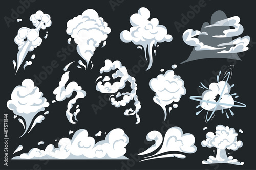 Smoke and cloud explosions in comic style set isolated elements. Bundle of vapor, steam and fog effects frames with curve moving to express energy of wind. Vector illustration in flat cartoon design.