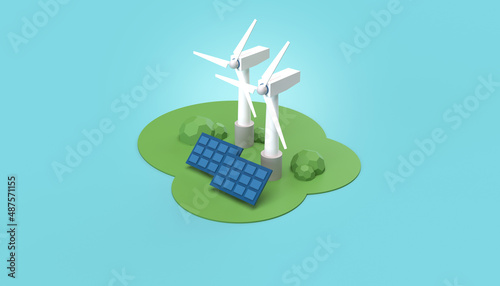 Green energy concept with wind turbines and solar panels 3D illustration