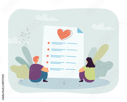 Tiny couple looking at marriage certificate. Man and woman sitting next to huge marriage contract flat vector illustration. Love, wedding concept for banner, website design or landing web page