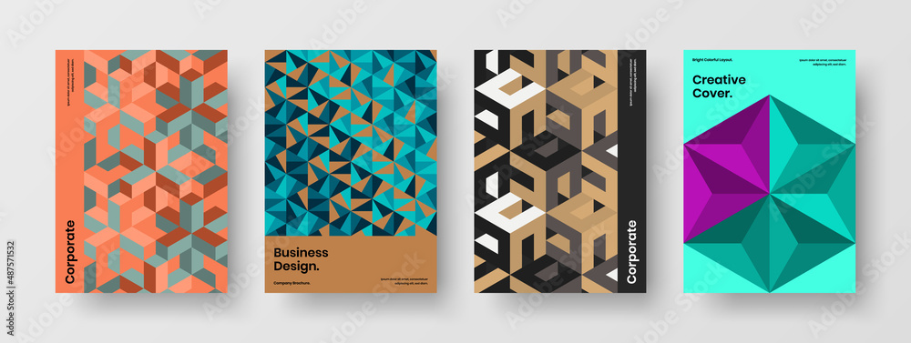 Isolated mosaic shapes magazine cover layout composition. Original annual report A4 design vector concept set.