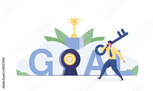 key to reach goal, unlock secret door to growing business. businessman holding golden key and walk to unlock.