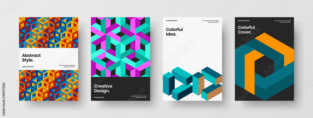 Fototapeta premium Unique mosaic pattern postcard concept set. Colorful journal cover A4 design vector template collection.