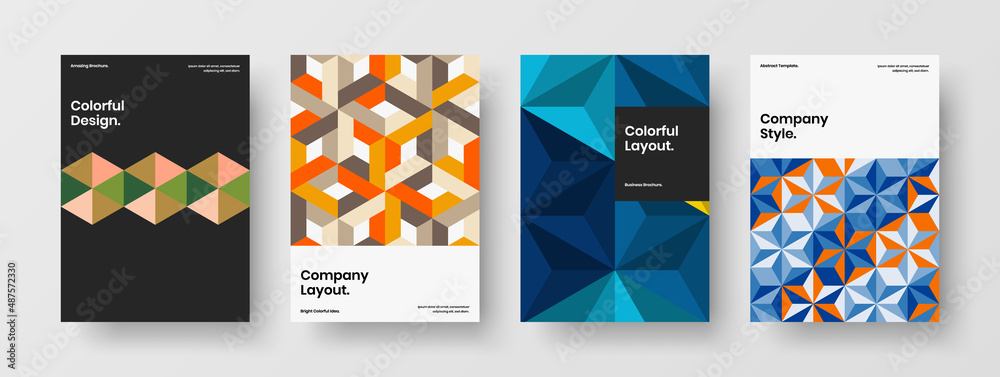 Abstract catalog cover A4 design vector illustration bundle. Trendy mosaic hexagons front page template composition.