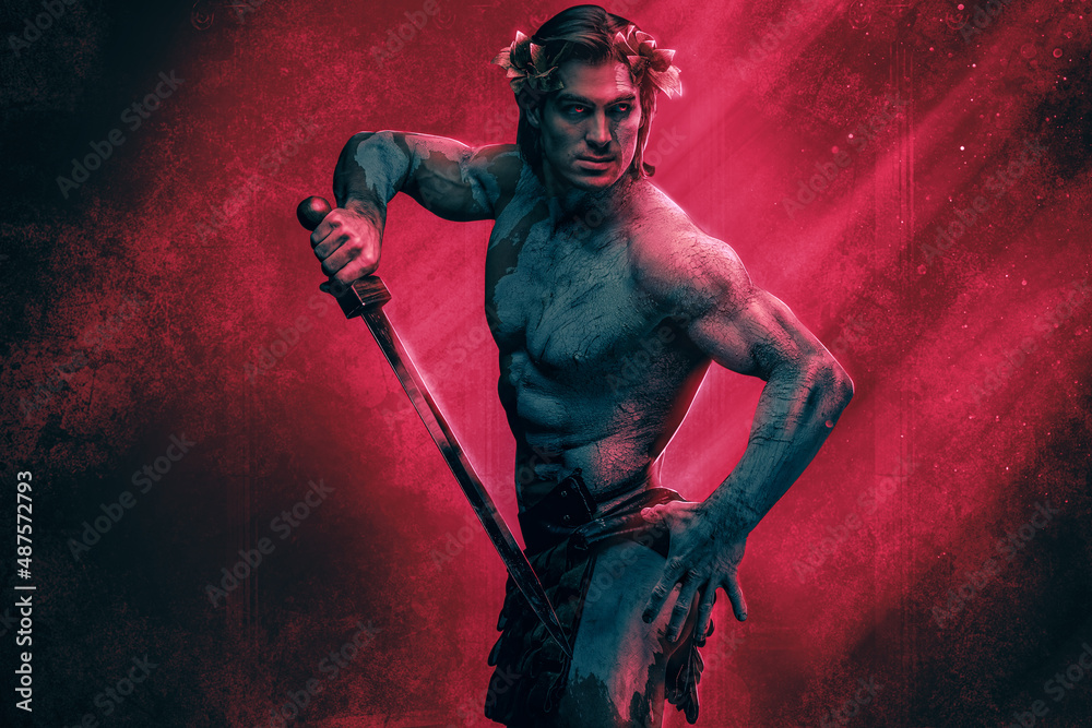 Greek marble warrior with sword posing against red background