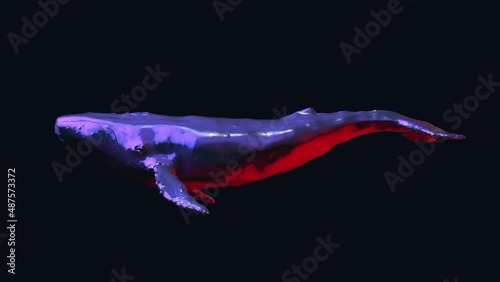 Abstract chrome metal swimming whale on black background. Modern bright fashion 3d animation. Technological digital vivid concept animal. Creative retro futuristic motion art.
