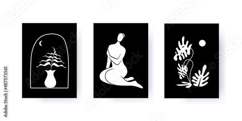 Set of abstract creative posters in black and white color. Matisse style. Plants, vase, female body. Design for wall dcor, cover, wallpaper, print, card. Vector illustration. photo