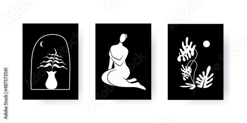 Set of abstract creative posters in black and white color. Matisse style. Plants, vase, female body. Design for wall dcor, cover, wallpaper, print, card. Vector illustration.