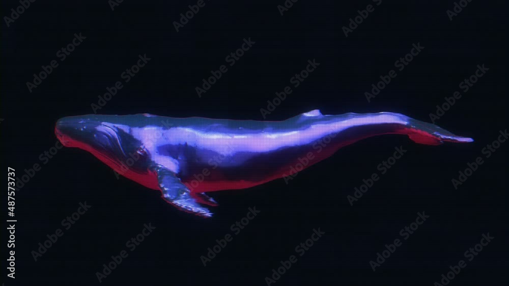 Abstract chrome metal swimming hologram whale on black background. Modern bright fashion 3d animation. Technological digital vivid concept animal. Creative retro futuristic motion art.