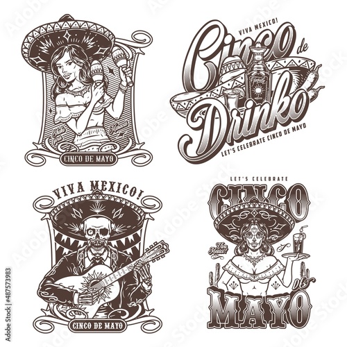 Cinco de mayo monochrome emblems set