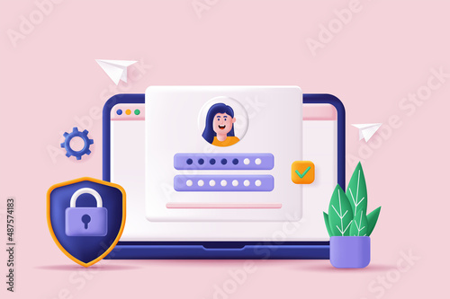 Login and password concept 3D illustration. Icon composition with site interface with secure login form for personal online account or social media profile. Vector illustration for modern web design