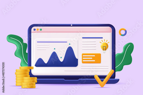 Online business concept 3D illustration. Icon composition with site interface with graphs of e-business statistics. Date analysis and promotion strategy. Vector illustration for modern web design