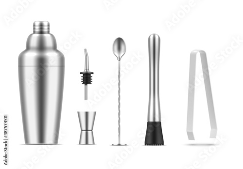 Realistic cocktail cooking metallic equipment collection vector illustration. Bartending tools