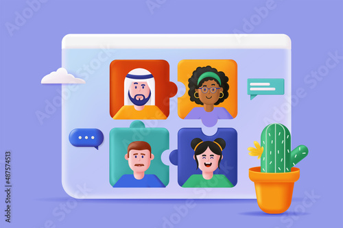 Teamwork concept 3D illustration. Icon composition with multiracial group of employees in video conference. Colleagues briefing and discus tasks online. Vector illustration for modern web design