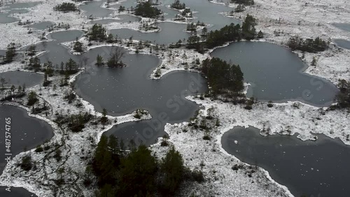 Aerial drone view of many frozen bog lakes. Recorded in Valgeraba, Soomaa in Estonia. photo