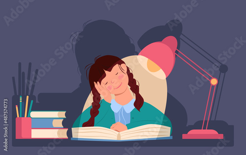 Little girl fell asleep in the evening at the table over a book. Schoolgirl is tired. Lamp is standing nearby on the table. Vector illustration in flat style