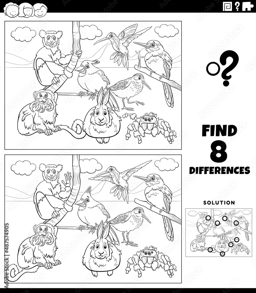 differences task with cartoon animals coloring book page