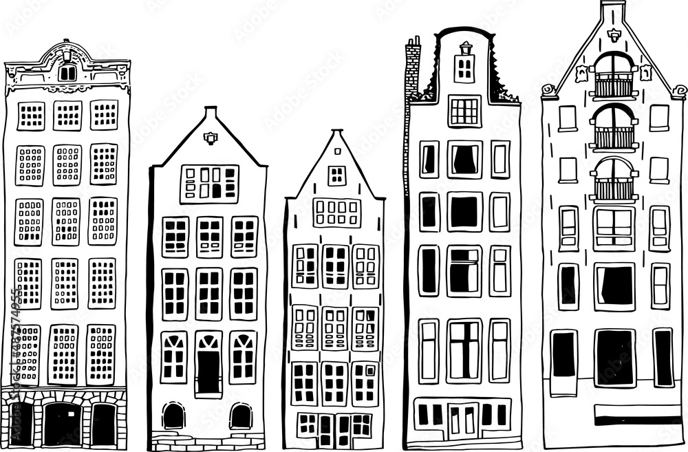 Beautiful vector houses in Amsterdam drawn with black on white background. Suitable for print, postcard, sketchbook cover, poster, stickers, your design.
