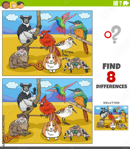 differences educational task with funny cartoon animals