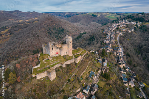 Aerial view of Ch  teau de Najac  Castle of Najac  and Najac village on the hill in France