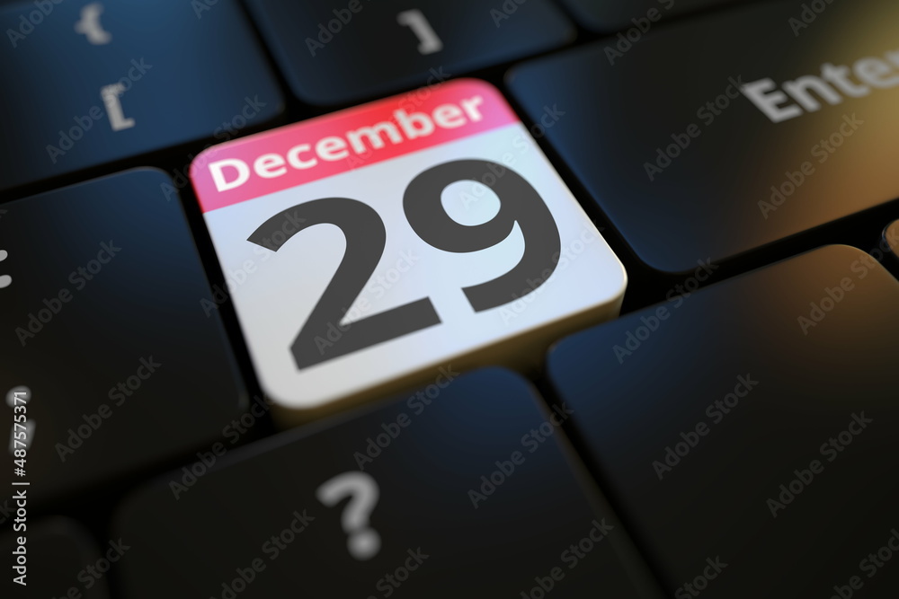 December 29 date on a keyboard key, 3d rendering December 29 date on a keyboard key, 3d rendering