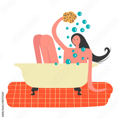 Young Woman Washing In Bath. Cartoon Character. Vector Illustration.