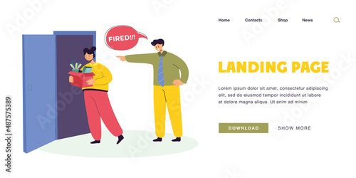 Angry businessman dismissing worker. Unhappy fired woman employee with box leaving office flat vector illustration. Bad conflict, layoff, unemployment, losing job place concept
