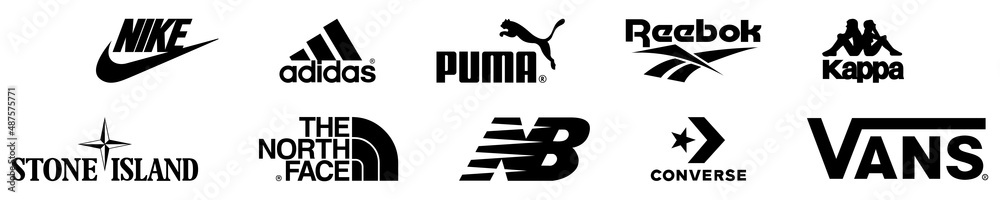 Collection of popular sportswear brands logo, Nike, adidas, Puma, The North  Face,Kappa,Vans,Converse, Puma. Vector illustration. Stock Vector | Adobe  Stock