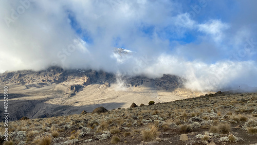 Amazing mountain landscape. Blue sky and white clouds. The beautiful nature of Tanzania.