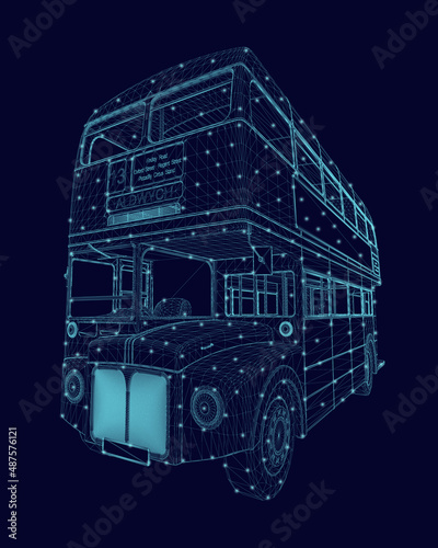 Wireframe of an English double decker bus made of blue lines isolated on a white background. Perspective view. 3D. Vector illustration
