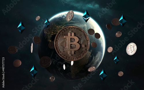 3D illustration of Cryptocurrencies and blockchain technology of digital money around the world. Bitcoin and Ethereum. Elements of image provided by Nasa photo