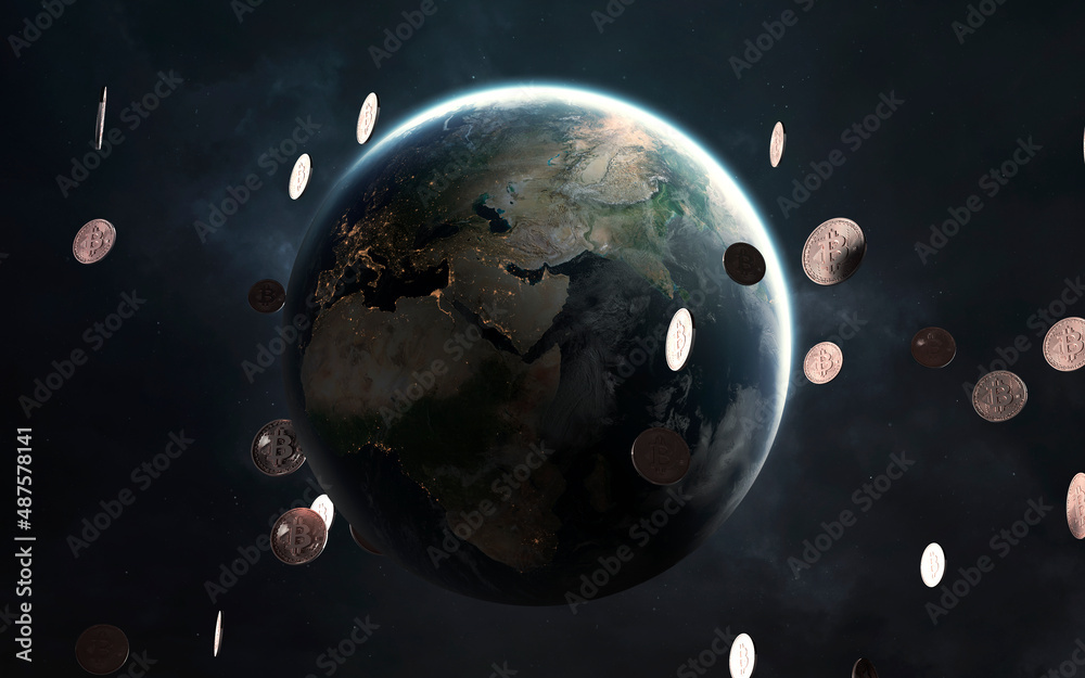 Naklejka premium 3D illustration of Bitcoin on the background of the planet Earth. Cryptocurrencies - the blockchain technology of the future. Elements of image provided by Nasa