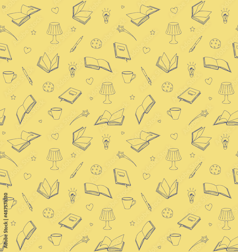 Seamless pattern with books, lamps, pens and cups, vector illustration Seamless pattern with books, lamps, pens and cups, vector illustration