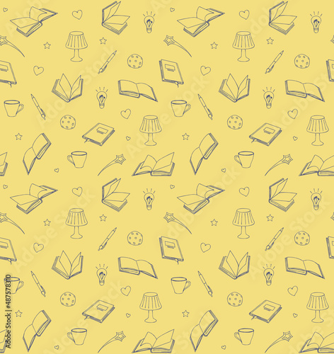 Seamless pattern with books, lamps, pens and cups, vector illustration