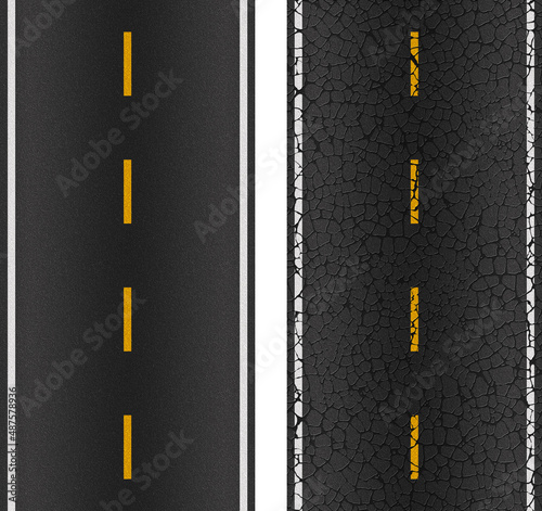 Two options for the texture of the road, new and old cracked. With markings of white solid stripes on the left and right, and one intermittent yellow stripe in the middle.