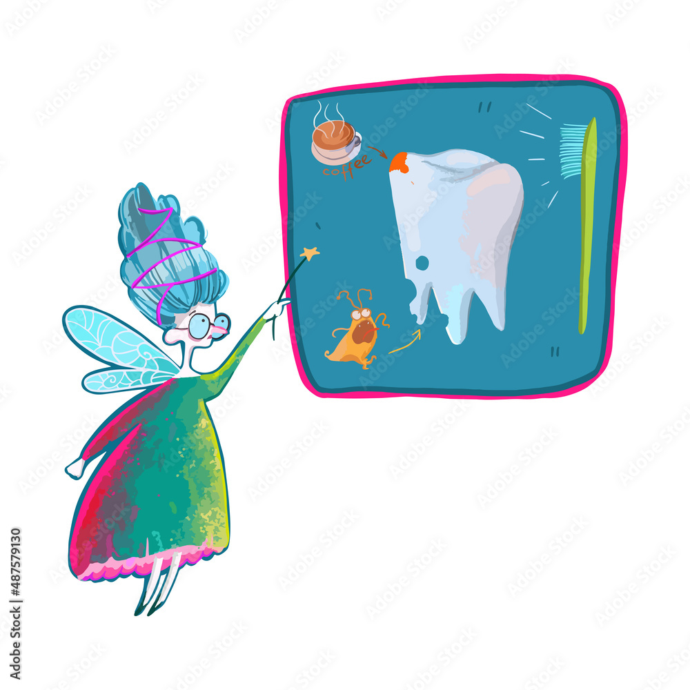 cartoon-tooth-fairy-a-board-with-an-image-of-what-harms-teeth-and-what