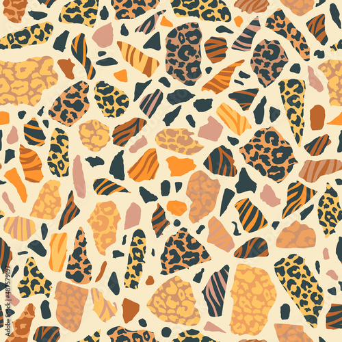 Vector Terrazzo and Wild Animal seamless pattern mix. Abstract natural color ...