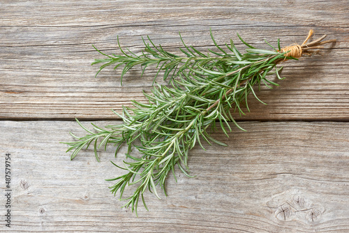 Closeup of a bunch of fresh aromatic green rosemary herb with sisal twine on old wood background. Top view image. 