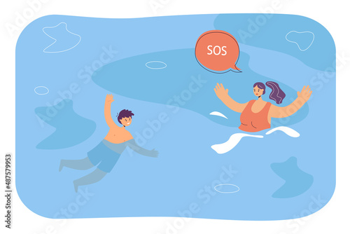 Boy saving woman drowning in pool flat vector illustration. Scared female character in swimsuit asking for help. SOS, emergency concept for banner, website design or landing web page