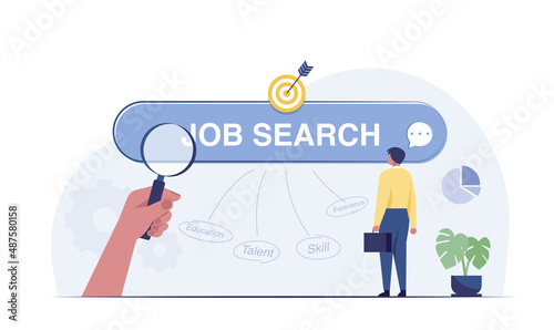 Looking for candidate for job. interview, magnifier, looking for new job. vector illustraion.