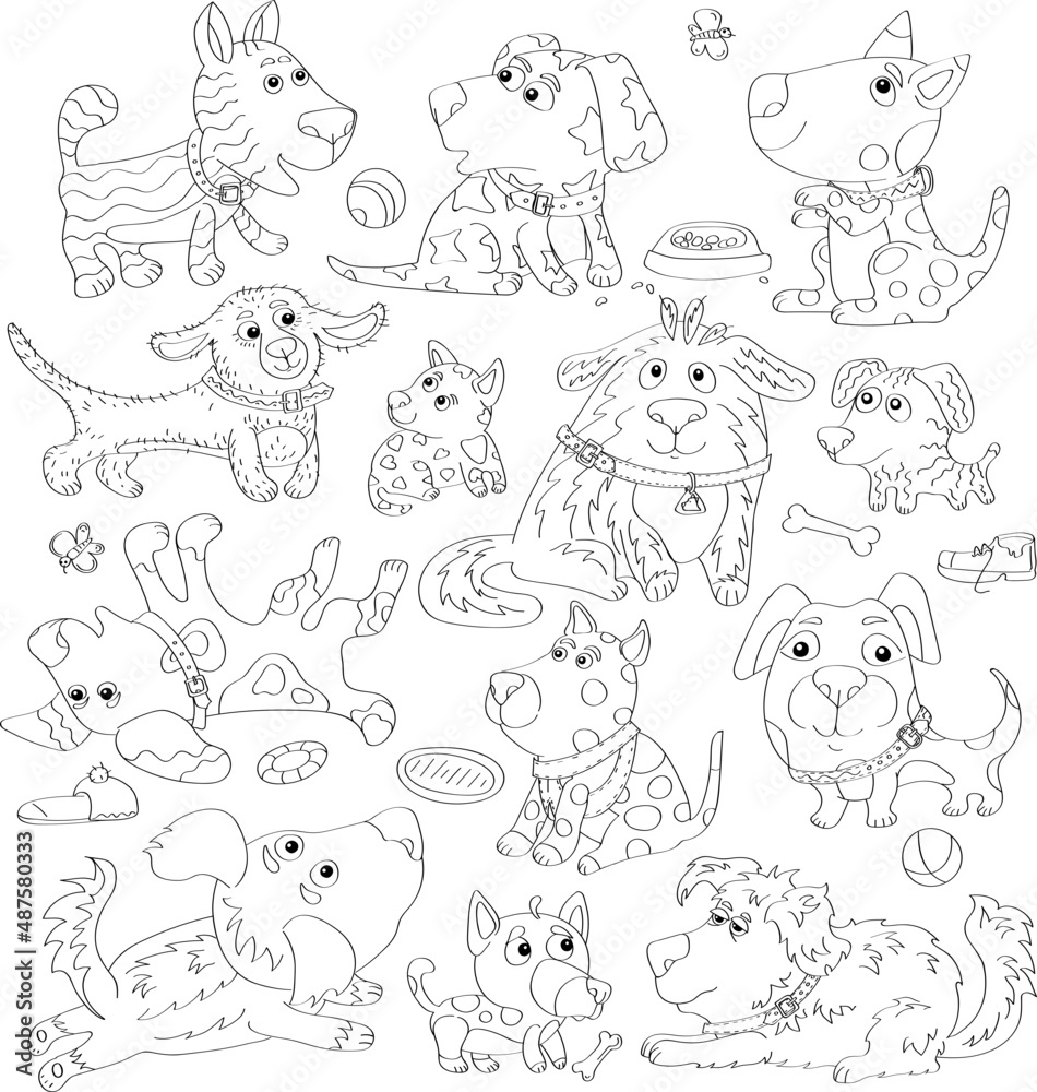 Outlined doodle anti-stress coloring page cute dogs. Coloring book page for adults and children