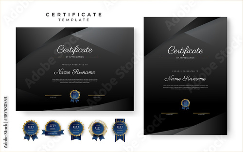 Modern black certificate of achievement border template with luxury badge and modern line pattern. For award, business, and education needs