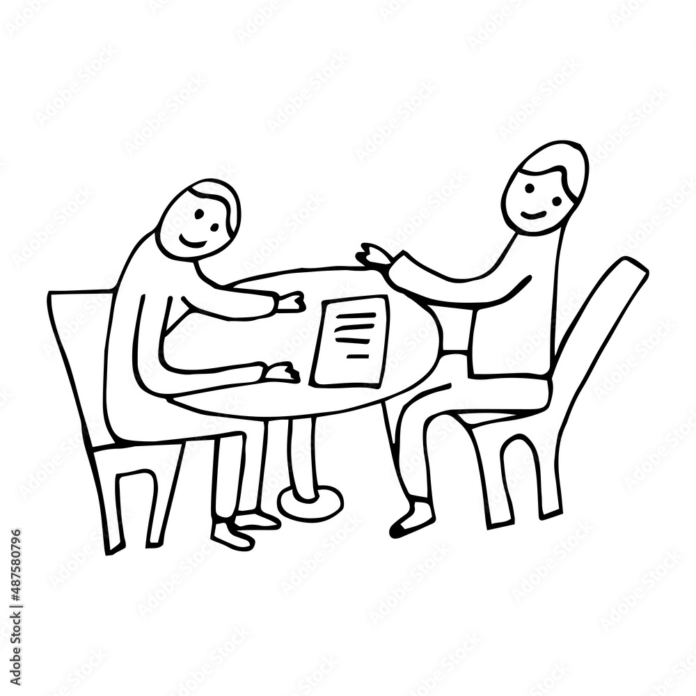 Meeting of business people, negotiations on a business project. Business people do business. Isolated vector illustration. Doodles. Coloring for children and adults. Cartoon. Comics Meeting of business people, negotiations on a business project. Business people do business. Isolated vector illustration. Doodles. Coloring for children and adults. Cartoon. Comics