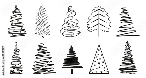 Christmas trees on isolated white. Geometric art. Set for icons on isolation background. Objects for polygraphy, posters, t-shirts and textiles. Black and white illustration
